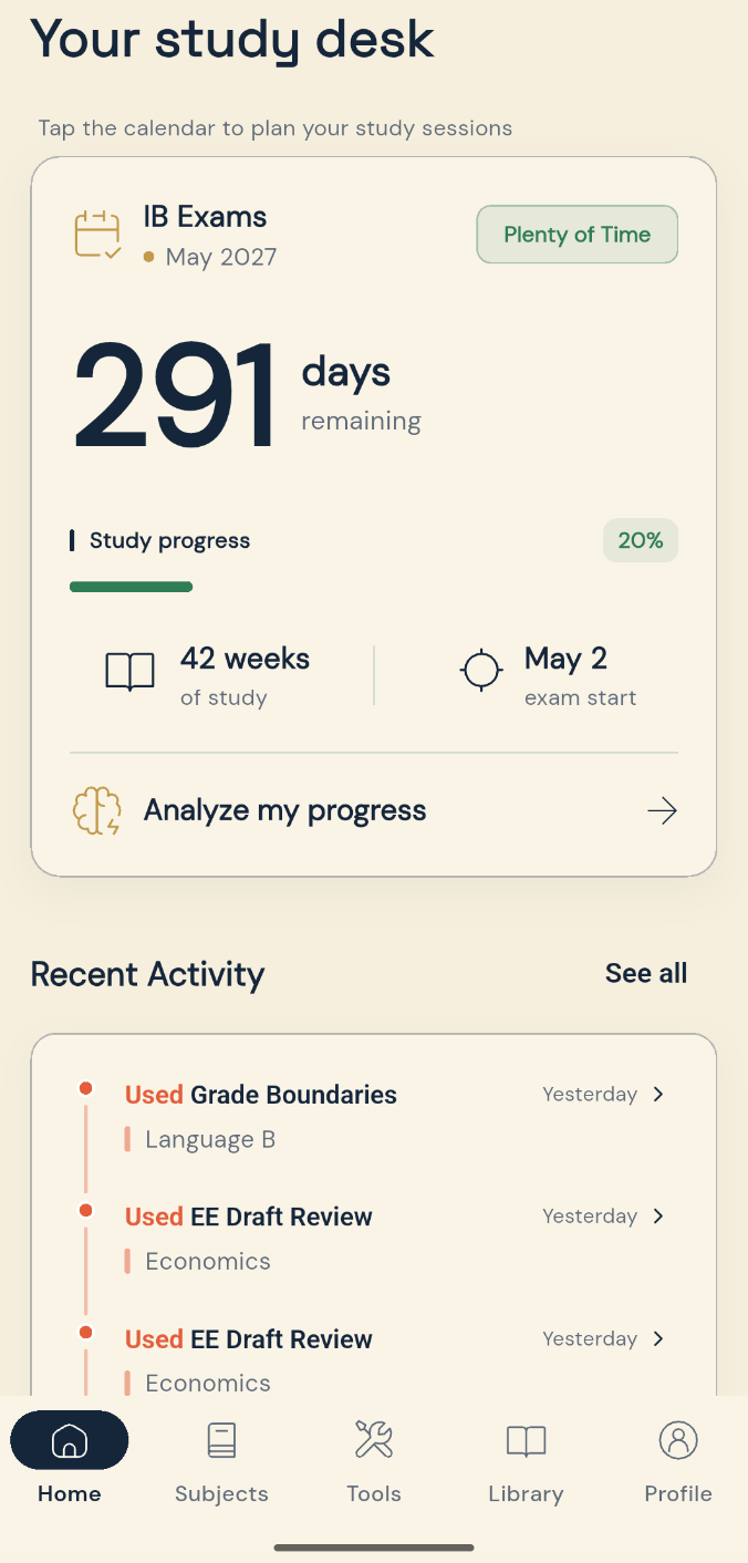 IB GuideMate app study desk screen with exam countdown and progress